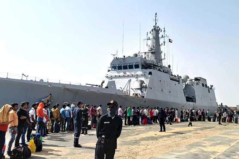 First batch of stranded Indians leave Sudan under Operation Kaveri, in Port Sudan on Tuesday. INS Sumedha with 278 people onboard departs Port Sudan for Jeddah