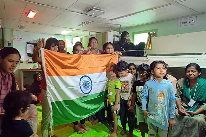 Stranded Indians onboard INS Sumedha as they leave Sudan under Operation Kaveri, in Port Sudan on Tuesday. INS Sumedha with 278 people onboard departs Port Sudan for Jeddah. 