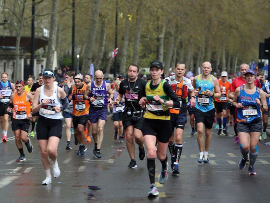 Participants near the finish of the 2023 London Marathon 