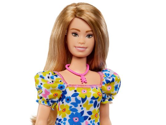 This image provided by Mattel, Inc., Tuesday, April 25, 2023, shows its first Barbie doll representing a person with Down syndrome. 