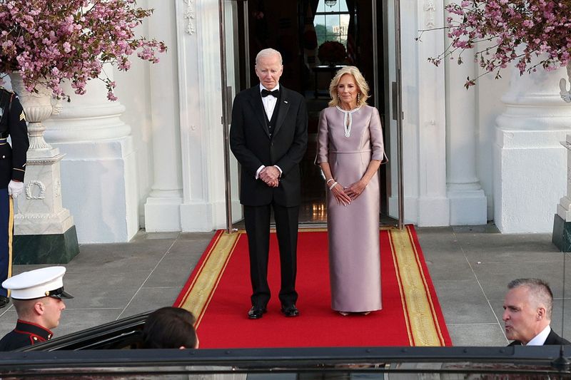 U.S. President Joe Biden and first lady Jill Biden arrive at the North Portico for an official State Dinner at the White House in Washington, U.S. April 26, 2023.