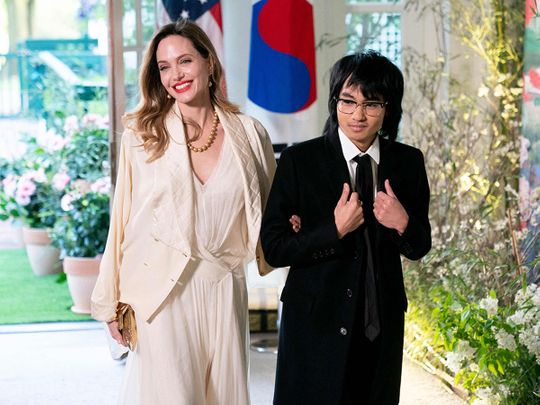 US actress Angelina Jolie and son Maddox arrive for the State Dinner in honor of South Korean President Yoon Suk Yeol, at the White House in Washington, DC, on April 26, 2023.