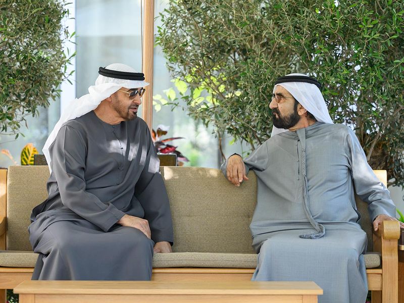 President His Highness Sheikh Mohamed bin Zayed Al Nahyan  meets with His Highness Sheikh Mohammed bin Rashid Al Maktoum, Vice-President, Prime Minister of the UAE, Ruler of Dubai and Minister of Defence, at Al Marmoum. 