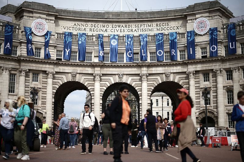 Admiralty Arch is decorated with Coronation banners ahead of the Coronation of King Charles and Camilla, Queen Consort in London, Britain, April 30, 2023