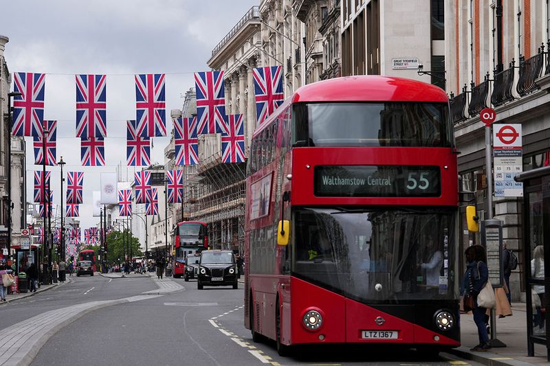 Oxford Street is decorated with British flags, ahead of the Coronation of Britain's King Charles and Camilla, Queen Consort, in London, Britain, May 1, 2023. 