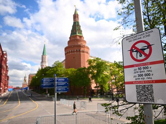 A 'No Drone Zone' sign sits just off the Kremlin in central Moscow