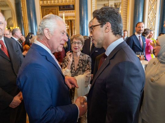 Sheikh Mansour bin Zayed with King Charles III on May 6 at Buckingham Palace