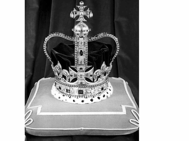 St. Edward's Crown, the official Crown of England, sits on a cushion, at the Tower of London, on Nov. 24, 1952 before being used at Queen Elizabeth II's Coronation Ceremony, on June 5, 1953. 