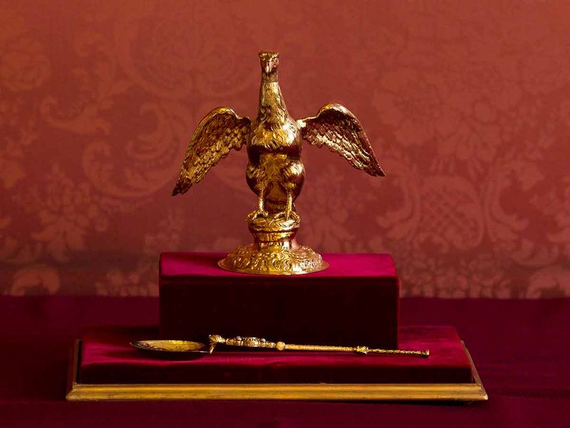 The Ampulla and Coronation Spoon used at the Coronation of Britain's Queen Elizabeth II in 1953 are displayed during a multi-faith reception to mark the Diamond Jubilee of the Queen's Accession at Lambeth Palace in London, Wednesday, Feb. 15, 2012. 