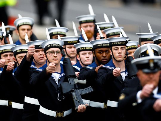 Troops in full uniform march on the day of Britain's King Charles' coronation ceremony, in Whitehall, in London, Britain May 6, 2023. 