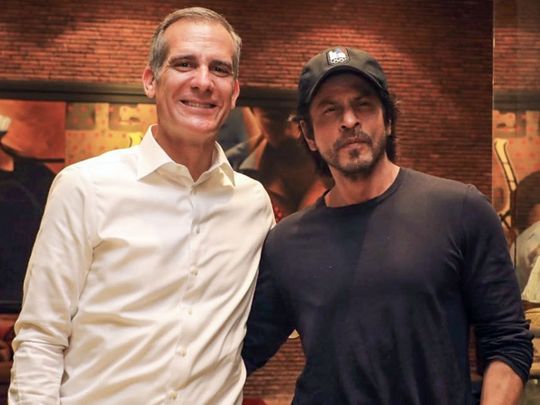 US Ambassador to the India, Eric Garcetti meets Bollywood actor Shah Rukh Khan, in Mumbai on Tuesday. 