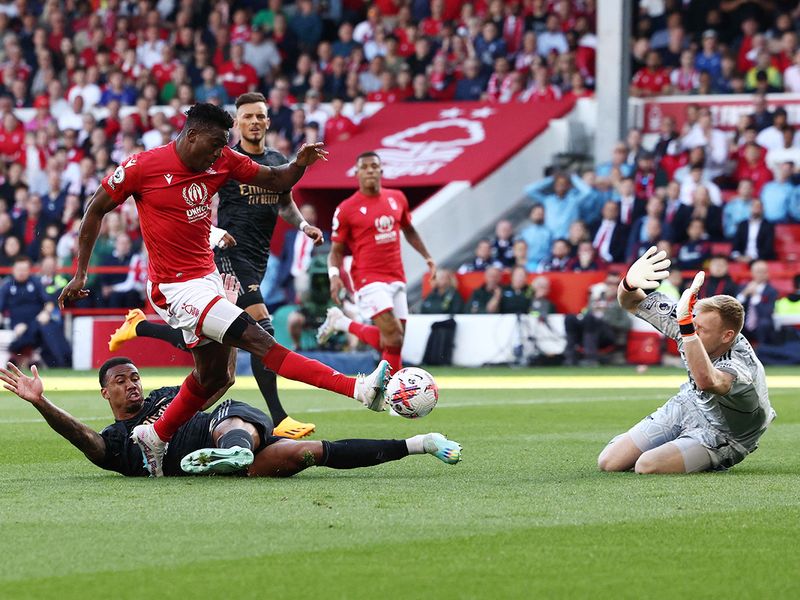 Nottingham Forest's striker Taiwo Awoniyi scores the goal