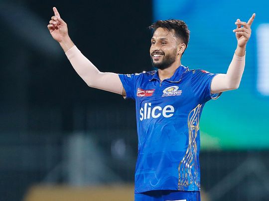 Mumbai Indians' Akash Madhwal celebrates a wicket