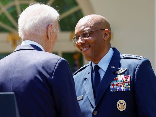 US President Joe Biden congratulates US Air Force General Charles Brown Jr.