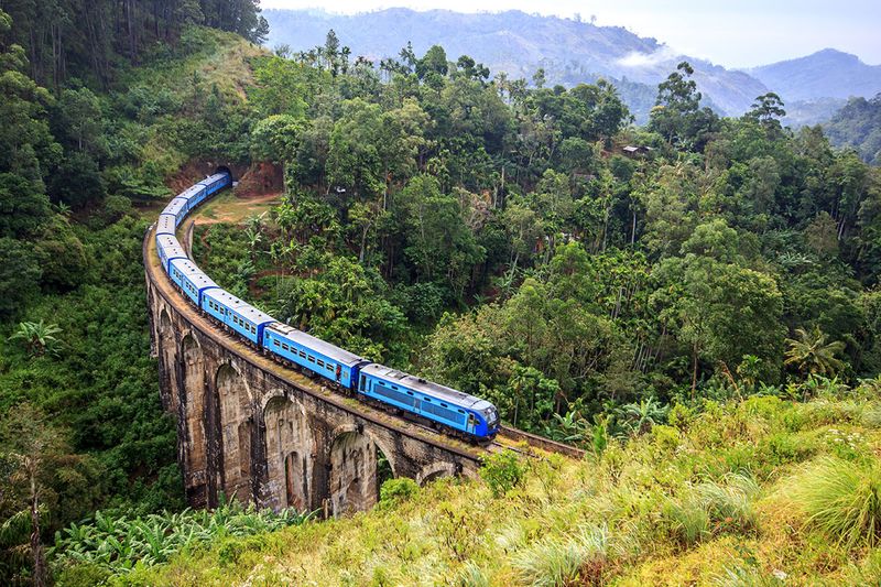 Train on the Nine Arch Bridge in Sri Lanka. 