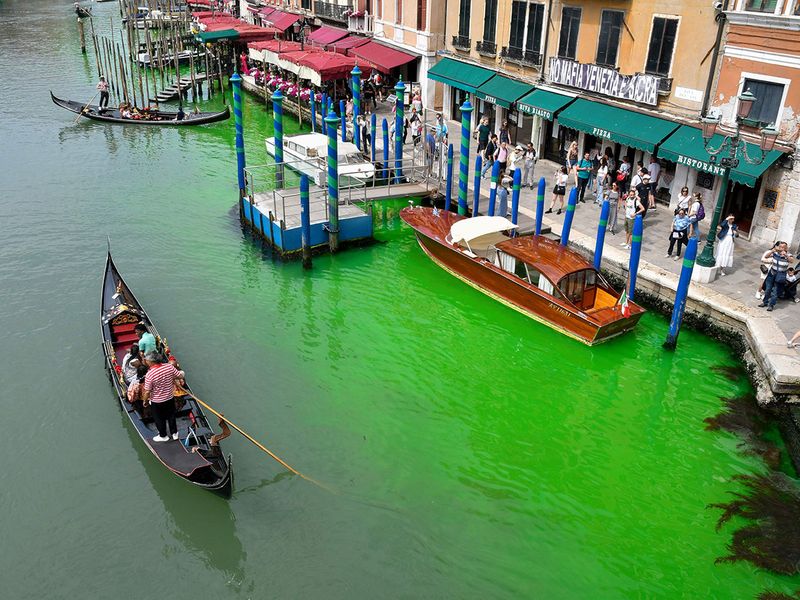 Photos: Venice's Grand Canal turns bright green due to fluorescein ...
