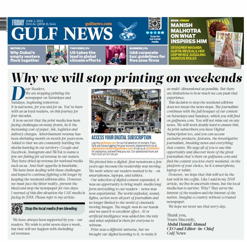 Why Gulf News will stop printing on weekends Editorials Gulf News