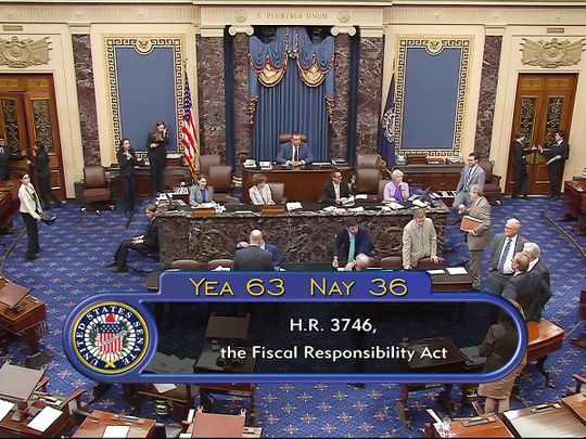 In this image from Senate Television, the final vote of 63-36 shows passage of the bill to raise the debt ceiling on Thursday night, June 1, 2023, in the Senate at the Capitol in Washington. 