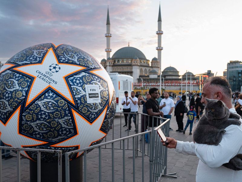 Champions League soccer ball at Taksim Square on June 9, 2023 on the eve of the UEFA Champions League final between Inter Milan and Manchester City