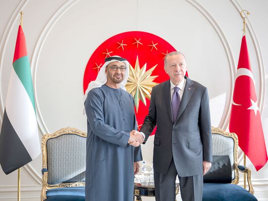 UAE President His Highness Sheikh Mohamed bin Zayed Al Nahyan and Turkish President Recep Tayyip Erdogan (right), pose for a photograph prior to a meeting at Ataturk Airport. 