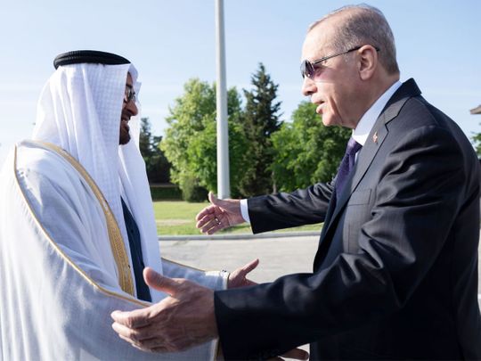 UAE President Sheikh Mohamed bin Zayed Al Nahyan is received by Turkish President Recep Tayyip Erdogan (left), at Ataturk Airport, on Saturday, June 10, 2023. 
