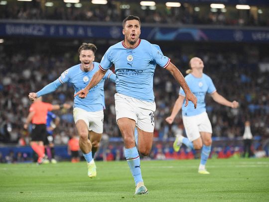 Manchester City's Spanish midfielder #16 Rodri (C) celebrates scoring his team's first goal during the UEFA Champions League final match against Inter Milan at the Ataturk Olympic Stadium in Istanbul, on June 10, 2023. 