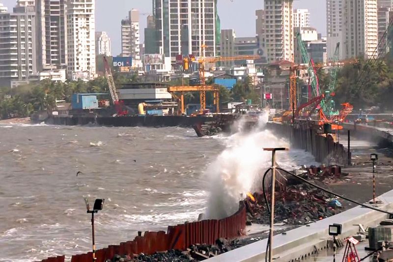 High tides seen at the Marine Lines as Cyclone Biporjoy is excepted to make landfall in Gujarat, in Mumbai on Thursday.