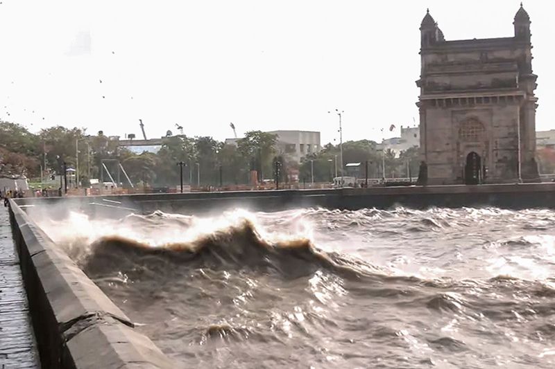 Rough seas at Gateway of India as Cyclone Biparjoy is expected to make landfall in Gujarat on Thursday.