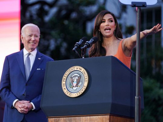 Actor Eva Longoria delivers remarks alongside U.S. President Joe Biden at a screening of Flamin' Hot on the South Lawn of the White House in Washington, D.C., U.S., June 15, 2023.