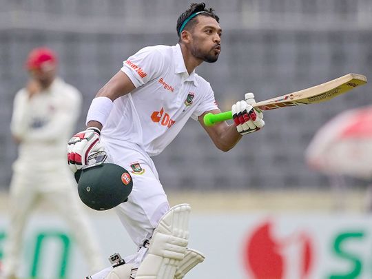 Bangladesh's Najmul Hossain Shanto celebrates after scoring a century 