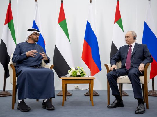 His Highness Sheikh Mohamed bin Zayed Al Nahyan, President of the United Arab Emirates  meets with President Vladimir Putin of the Russian Federation during a working visit to Saint Petersburg.