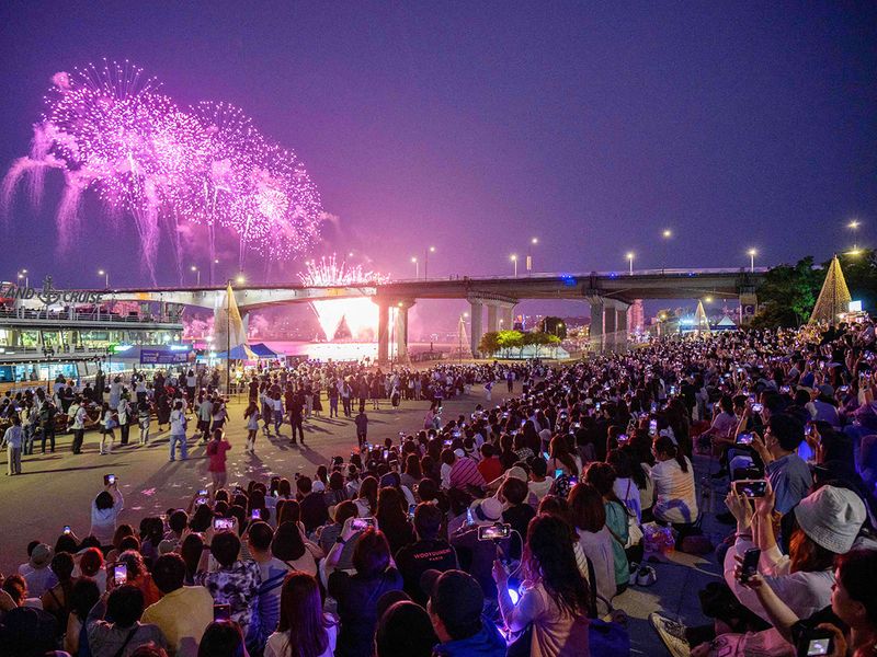 Fans of K-pop megastars BTS watch a firework display during the 