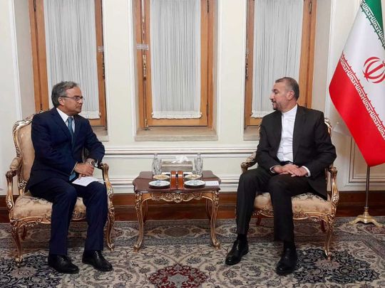 Pakistani Foreign Secretary Asad Majeed Khan and Iranian Foreign Minister Hossein Amir-Abdollahian 