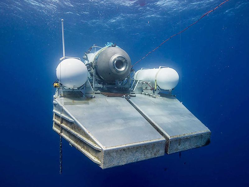 This undated image courtesy of OceanGate Expeditions, shows their Titan submersible on a platform awaiting signal to dive.  