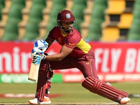 Nicholas Pooran of West Indies plays a shot during the ICC Men's Cricket World Cup Qualifier Zimbabwe 2023 match between the West Indies and Nepal at Harare Sports Club on June 22, 2023 in Harare (1)-1687459839578