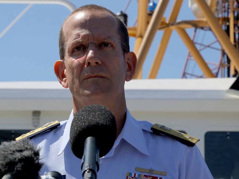 Rear Admiral John Mauger, the First Coast Guard District commander, speaks during a press conference updating about the search of the missing OceanGate Expeditions submersible, which is carrying five people to explore the wreck of the sunken Titanic, in Boston, Massachusetts, U.S., June 22, 2023.   