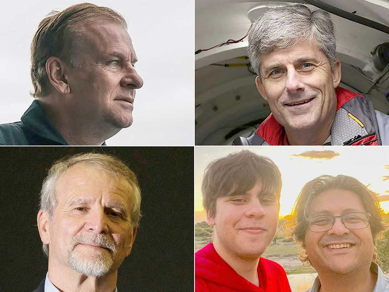 From top-left: Titan submersible passengers British billionaire Hamish Harding; Founder and CEO of OceanGate Expeditions Stockton Rush; Pakistani-born businessman Shahzada Dawood with his 19-year-old son Suleman; and French explorer Paul-Henri Nargeolet. 