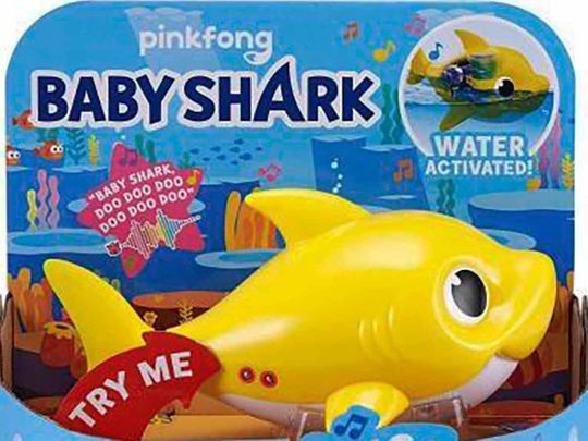 This image provided by Consumer Product Safety Commission shows Zuru’s full-sized Robo Alive Junior Baby Shark Sing & Swim Bath Toys