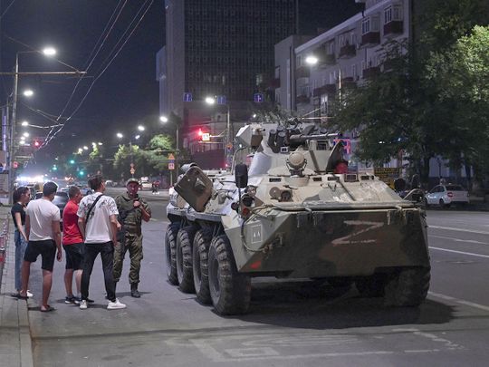 An armoured personnel carrier (APC) is seen on a street of the southern city of Rostov-on-Don, Russia on June 24, 2023. 