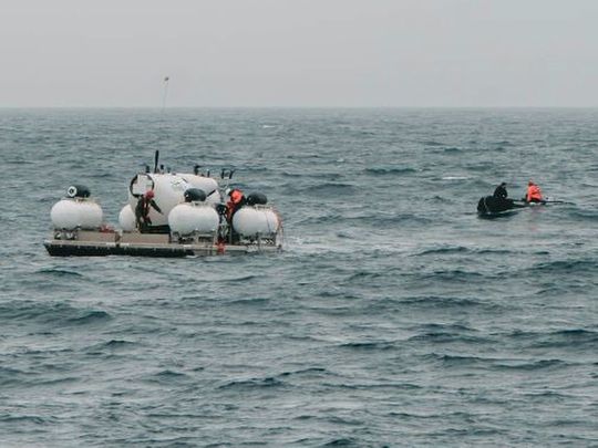 In this image released by Action Aviation, the submersible Titan is prepared for a dive into a remote area of the Atlantic Ocean on an expedition to the Titanic on Sunday, June 18, 2023. 