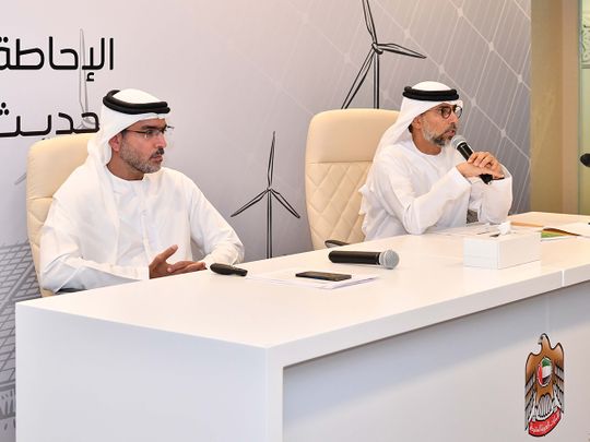 UAE Minister of Energy and Infrastructure (MoEI) Suhail bin Mohammed Al Mazrouei with Eng Sharif Al Olama, Undersecretary for Energy and Petroleum Affairs at a media briefing in Abu Dhabi on Tuesday.