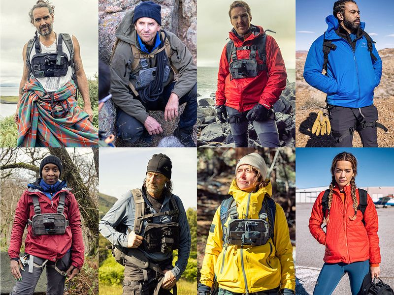 This combination of photos released by Nat Geo shows celebrities, top row from left, Russell Brand, Bradley Cooper, Benedict Cumberbatch, Daveed Diggs, bottom row from left, Cynthia Erivo, Troy Kotsur, Tatiana Maslany and Rita Ora in separate episodes of “Running Wild with Bear Grylls: The Challenge,