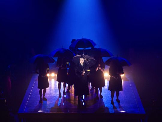 This image released by Boneau/Bryan-Brown shows Lea Salonga as Aurora Aquino, center, during a performance of 