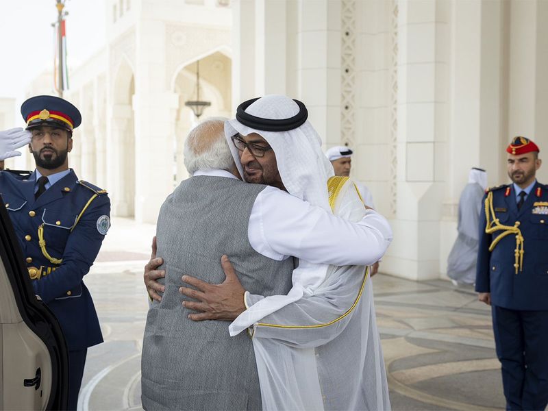 President His Highness Sheikh Mohamed bin Zayed Al Nahyan receives Narendra Modi, Prime Minister of India. 