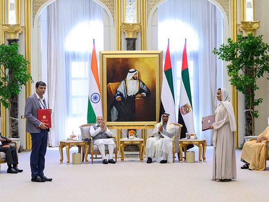 The MoU was signed in the presence of President His Highness Sheikh Mohamed bin Zayed Al Nahyan and the Prime Minster of India, Narendra Modi.