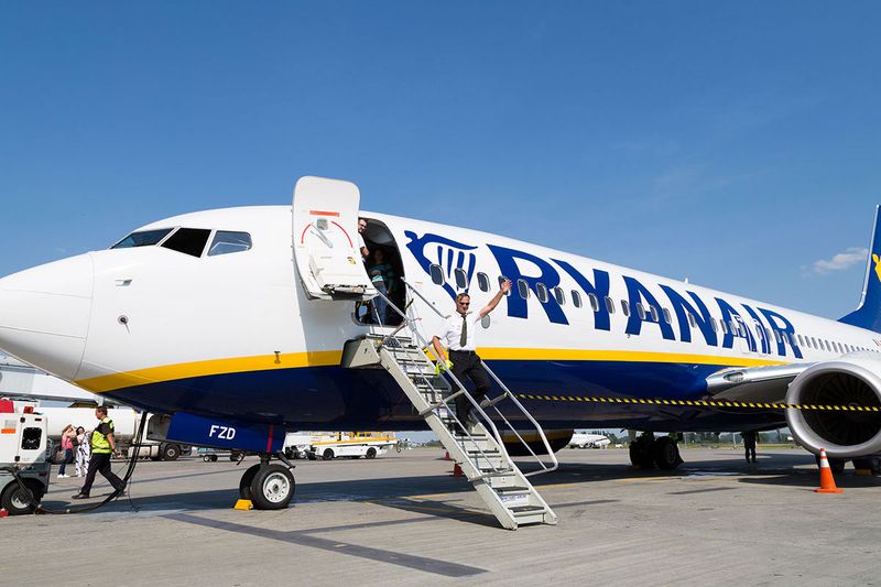  Ryanair aircraft at the airport. Captain pilot greetings. Boeing 737-800. Ryanair airline. Low fares airline. Low cost airline. Europe travel.