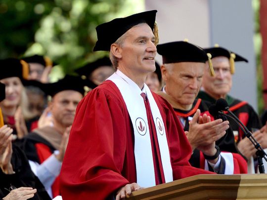 Marc Tessier-Lavigne finishes his first address as president as he is inaugurated as the 11th president of Stanford University in Stanford, Calif., on Oct. 21, 2016.