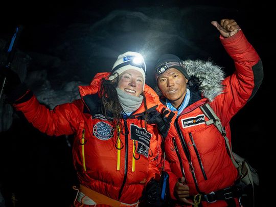 In this handout photo taken on May 18, 2023 and released by Courtesy of Field Productions shows Norwegian climber Kristin Harila (L) and Nepali guide Tenjin Sherpa at Kanchenjunga, the third-highest mountain in the world located in Nepal. 
