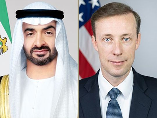 UAE President His Highness Sheikh Mohamed bin Zayed Al Nahyan and US National Security Advisor Jake Sullivan