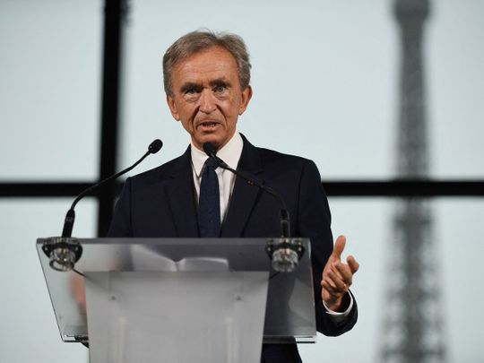 World's top luxury group LVMH head Bernard Arnault delivers a speech 